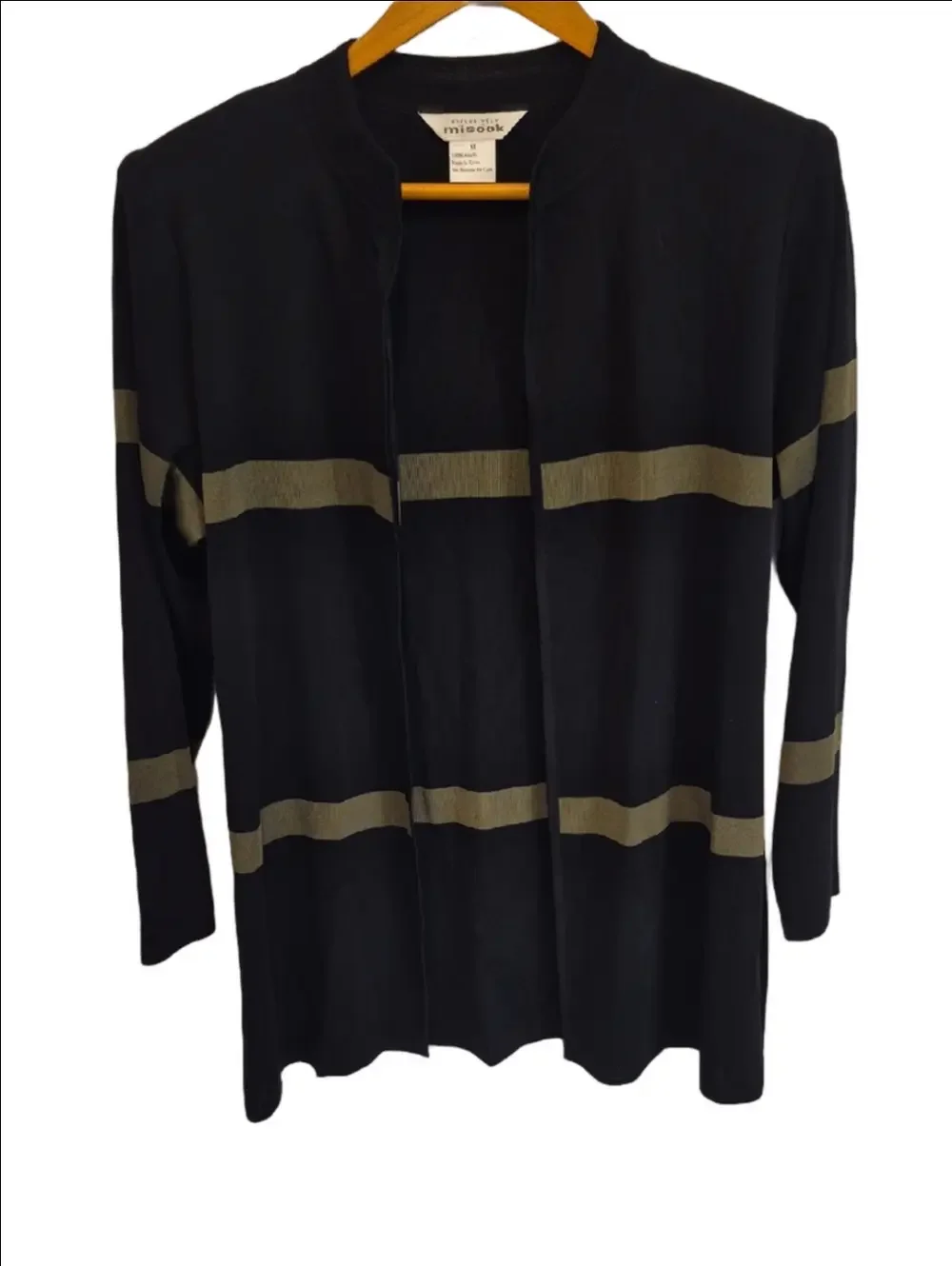 Misook Open Front Knit Black Cardigan with Olive Stripes